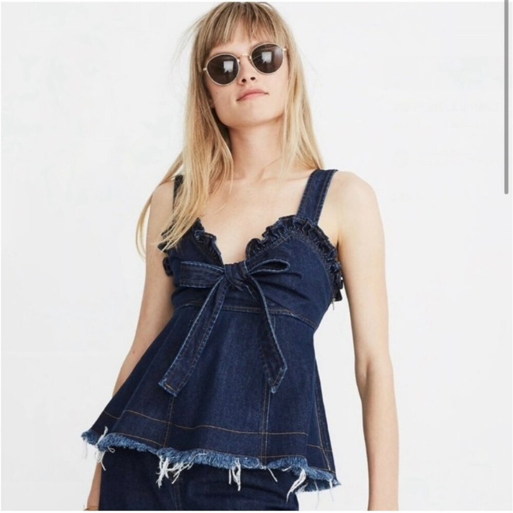 Madewell X Karen Walker Denim Ruffle Bow Top With Frayed Hem Womens Size 4